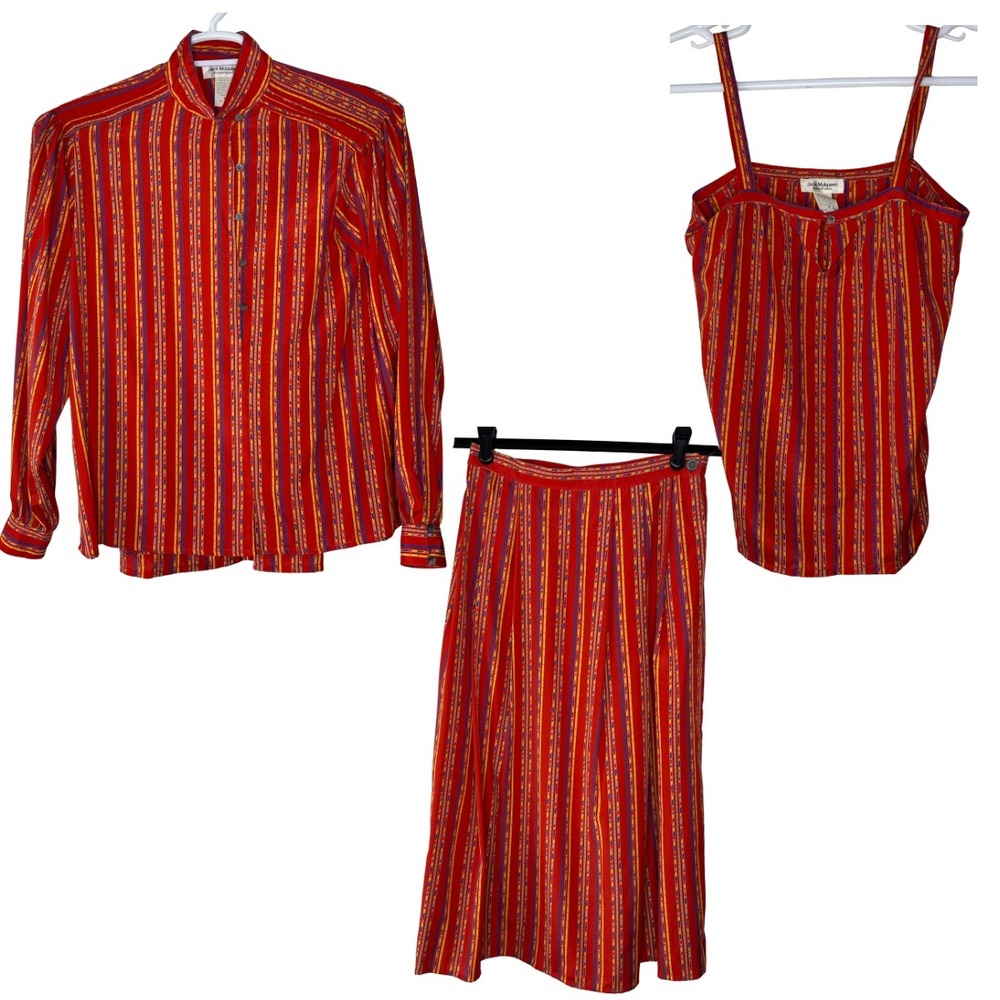 VTG Jack Mulqueen Silksational‎ Blouse Shirt Tank Top Skirt Set Women Medium Red